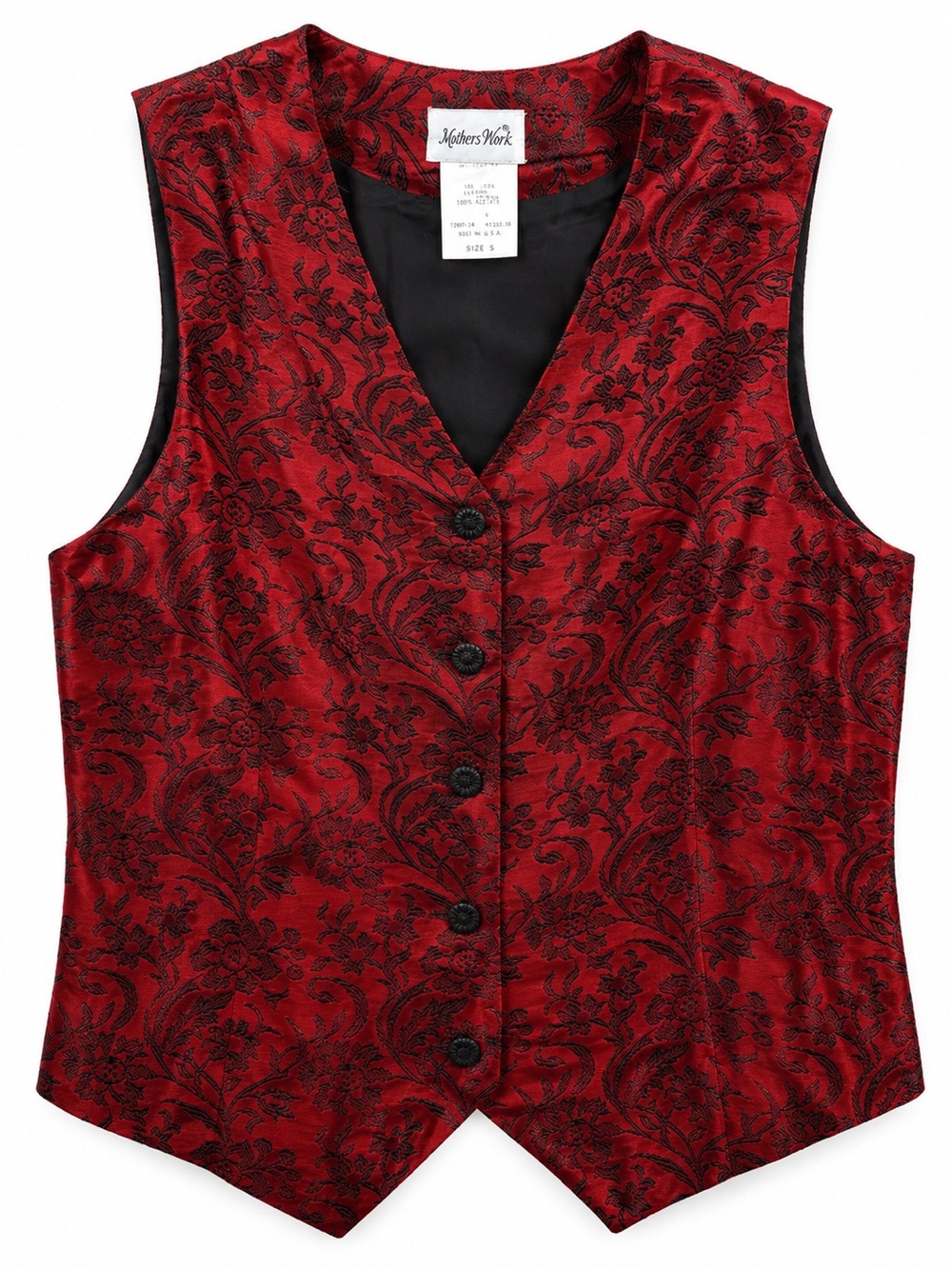 Vintage Mothers Work Red Black Brocade Linen Vest USA Small